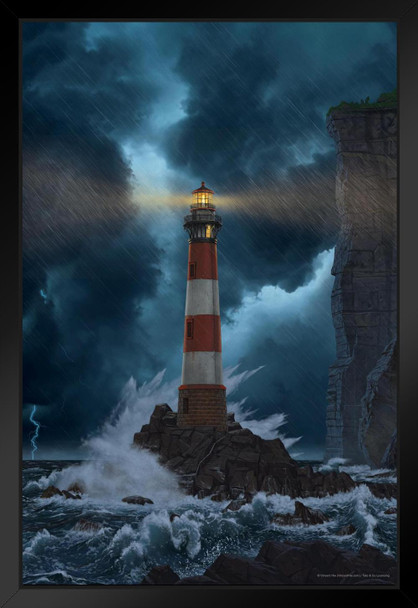 Unbreakable Lighthouse Stormy Seas by Vincent Hie Nature Art Print Black Wood Framed Poster 14x20