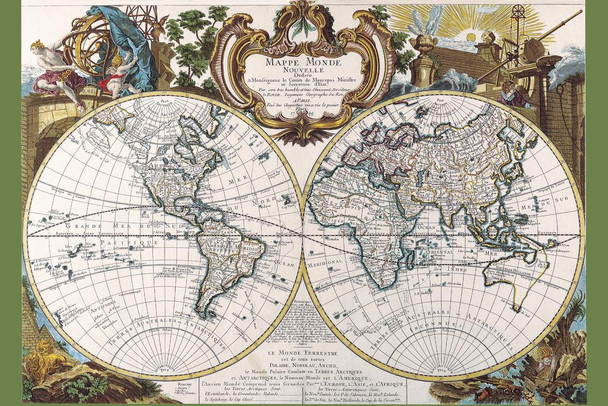 Laminated Mappe Monde Nouvelle Antique World Map 1744 Vintage French Designed All Continents Countries Europe United States France Cartography Globe Earth Poster Dry Erase Sign 12x18