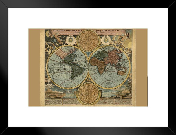 Antique Map of the World Planiglobii 1716 Travel World Map with Cities in Detail Map Posters for Wall Map Art Wall Decor Geographical Illustration Vintage Matted Framed Art Wall Decor 20x26