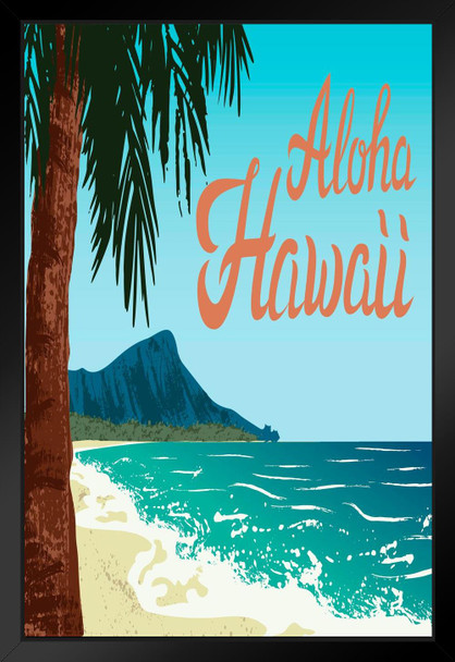Waikiki Beach Oahu Island Aloha Hawaii Palm Tree Surf Vintage Black Wood Framed Poster 14x20