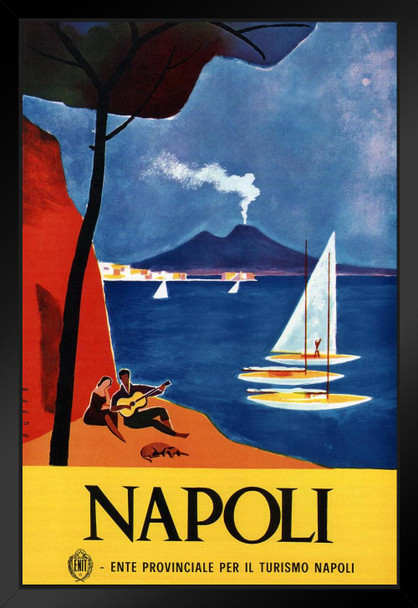 Napoli Naples Italy Seaside Resort Boating Vintage Travel Black Wood Framed Poster 14x20