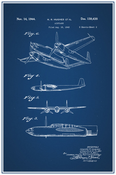Howard Hughes Airplane Official Patent Blueprint Cool Wall Decor Art Print Poster 12x18