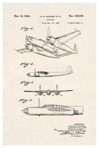 Howard Hughes Airplane Official Patent Diagram Cool Wall Art Print Poster 12x18