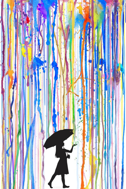Laminated Girl With Umbrella Colorful Rainbow Rain Poster Black Silhouette Walking Abstract Watercolor Painting Poster Dry Erase Sign 24x36