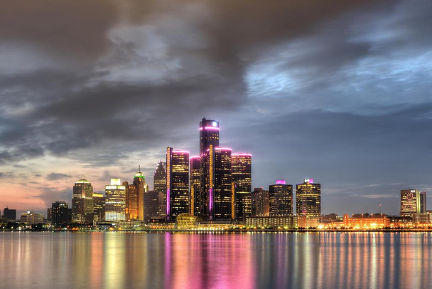Laminated Detroit Michigan Cityscape Skyline at Dusk Photo Art Print Poster Dry Erase Wall Art 36x24