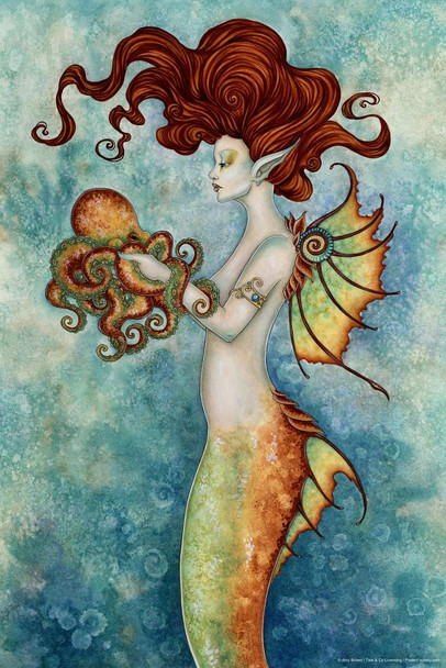 Laminated Mermaid and Octopus by Amy Brown Poster Dry Erase Sign 24x36