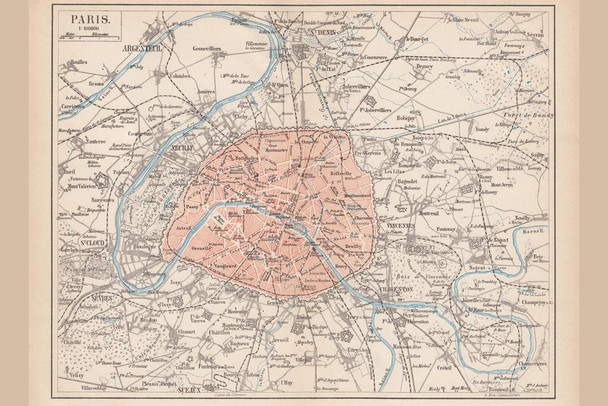 Laminated City of Paris Vintage 1877 Antique Style Map Poster Dry Erase Sign 36x24