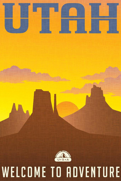 Laminated Utah Welcome To Adventure Retro Travel Art Poster Dry Erase Wall Art 24x36