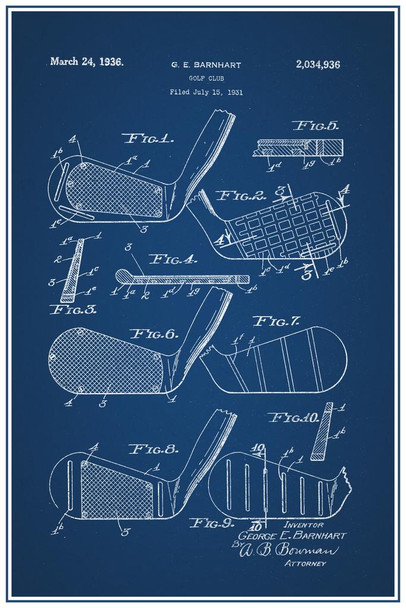 Laminated Golf Club 1931 Official Patent Blueprint Poster Dry Erase Sign 24x36
