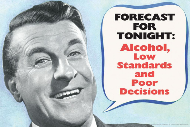 Laminated Forecast For Tonight Alcohol and Poor Decisions Retro Humor Poster Dry Erase Wall Art 36x24
