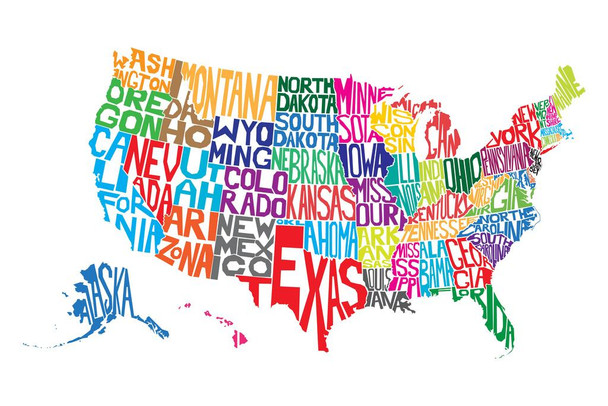 Laminated United States of America Word Map US Map with Cities in Detail Map Posters for Wall Map Art Wall Decor Country Illustration Tourist Travel Destinations Colorful Poster Dry Erase Sign 36x24