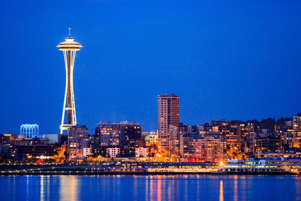 Laminated Downtown Seattle Skyline at Night Space Needle Photo Photograph Poster Dry Erase Wall Art 36x24