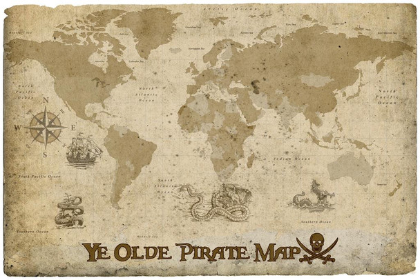 Laminated Ye Olde Pirate Map by ProMaps Travel World Map with Cities in Detail Map Posters for Wall Map Art Wall Decor Geographical Illustration Pirate Travel Destinations Poster Dry Erase Sign 36x24