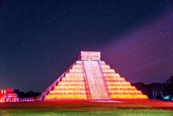 Laminated Chichen Itza Mexico Pyramid Under a Starry Sky Photo Art Print Poster Dry Erase Wall Art 36x24