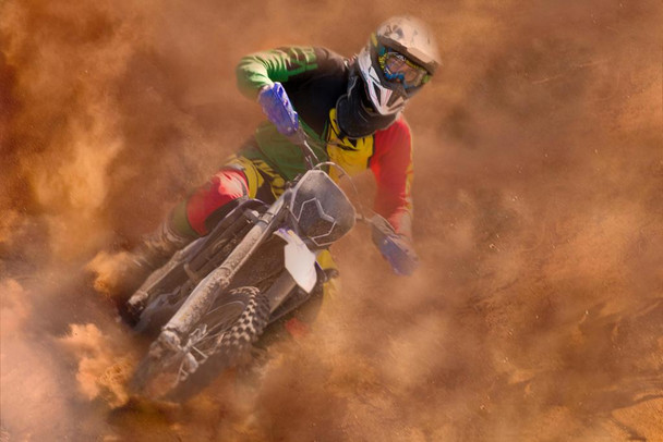 Laminated Motocross Rider Racing in Dust Photo Art Print Poster Dry Erase Wall Art 36x24