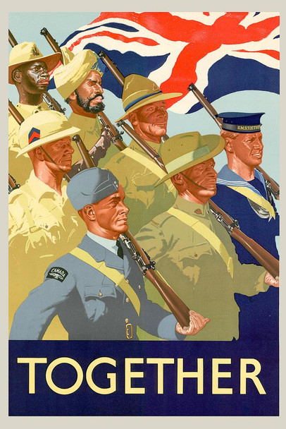 Laminated WPA War Propaganda Together Seven Servicemen British Colonies And Dominions Fight Poster Dry Erase Sign 24x36