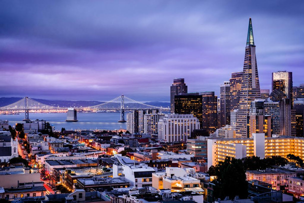 Night over San Francisco California Bay Bridge Poster Colorful City Landscape Downtown Photo Photograph Laminated Dry Erase Wall Poster 36x24