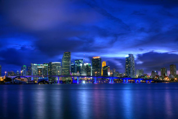 Laminated Miami Florida Skyline Illuminated at Night Reflecting on Watefront Photo Art Print Poster Dry Erase Sign 36x24