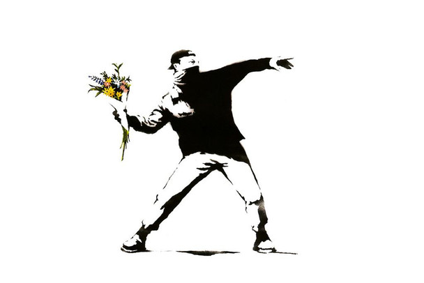 Laminated Banksy Rage The Flower Thrower Bouquet Satirical Satire Building Graffiti Artist Art Street Vandal Stencils Urban brick wall and peace Poster Dry Erase Wall Art 36x24