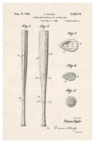 Laminated Baseball Bat 1939 Official Patent Diagram Cool Wall Art Poster Dry Erase Sign 24x36