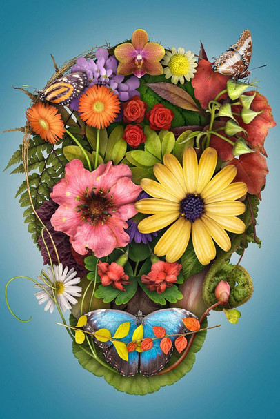 Laminated Mexican Sugar Skull Made of Flowers Butterfly Photo Art Print Cool Wall Art Poster Dry Erase Wall Art 24x36