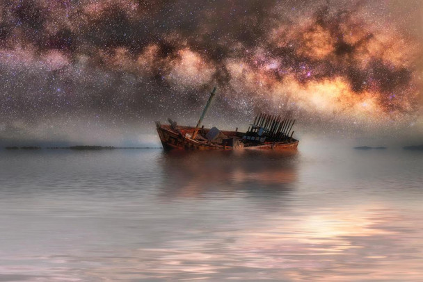Laminated Milky Way Galaxy in Sky Above Old Shipwreck Photo Art Print Cool Wall Art Poster Dry Erase Sign 36x24