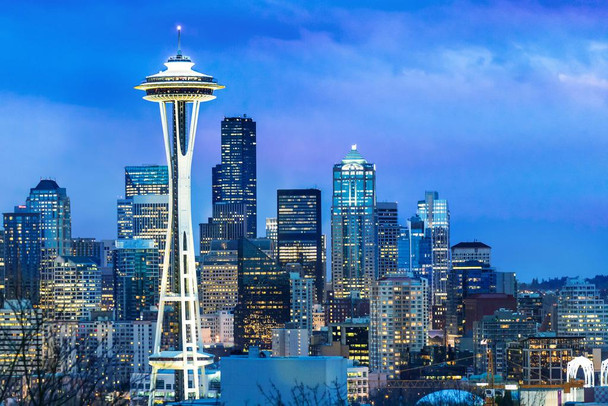 Laminated Seattle Washington Skyline Space Needle at Dusk Photo Art Print Cool Wall Art Poster Dry Erase Wall Art 36x24