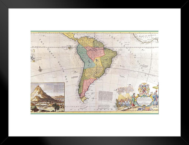 Antique South America Map Potosi Bolivia Vintage 1700s Charles Spencer 3rd Earl of Sunderland Brasil Brazil Peru Countries Matted Framed Art Wall Decor 20x26