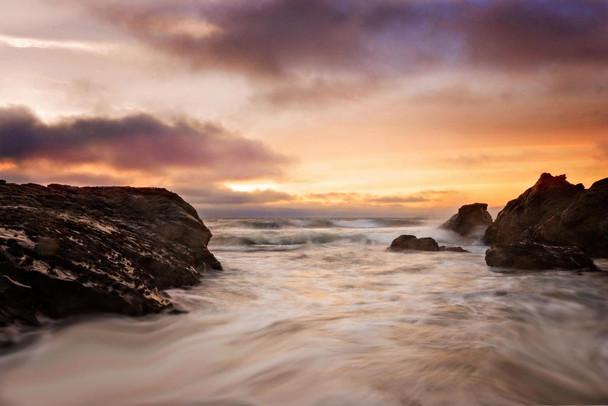 Laminated Foam Rocks and Sunset at Moonstone Beach Photo Art Print Cool Wall Art Poster Dry Erase Wall Art 36x24