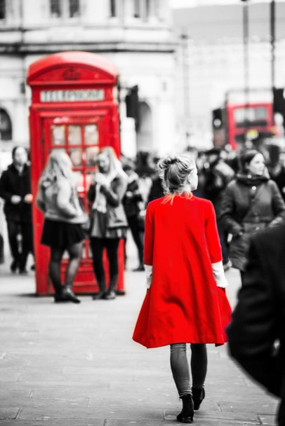 Laminated Woman In Red Coat Selected Color London Streets Photo Art Print Cool Wall Art Poster Dry Erase Wall Art 24x36