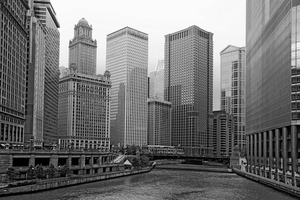 Laminated Downtown Chicago River and Highrise Buildings Black and White Photo Photograph Poster Dry Erase Wall Art 36x24