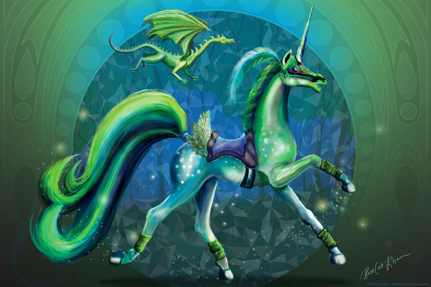 Green Summer Unicorn Carousel Horse with Dragon by Rose Khan Cool Huge Large Giant Poster Art 36x54
