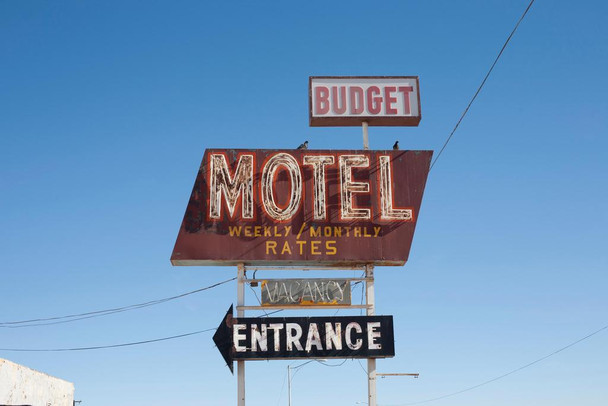 Laminated Old Fashioned Budget Motel Sign Winslow Arizona Against Blue Sky Photo Photograph Poster Dry Erase Wall Art 36x24