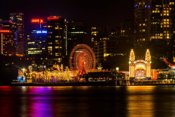 Laminated Luna Park Face and Ferris Wheel Sydney Australia Skyline Illuminated Photo Photograph Poster Dry Erase Sign 36x24