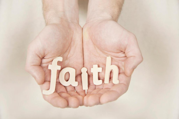 Laminated Human Hands Holding Letters Spelling Word Faith Photo Photograph Poster Dry Erase Sign 24x36