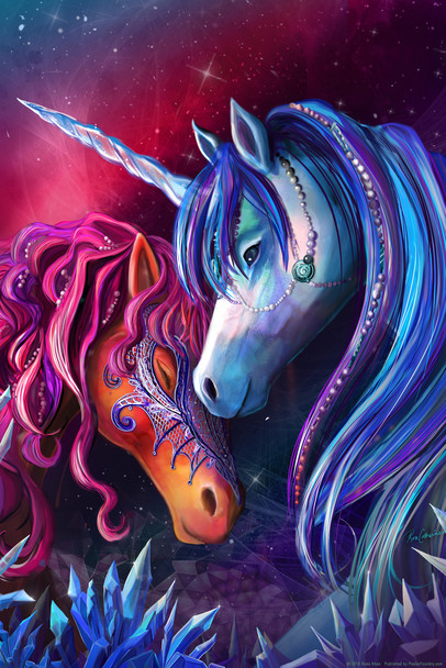 Blue and Red Unicorn Horse Pair in a Crystal Garden by Rose Khan Cool Wall Art Print Poster 12x18