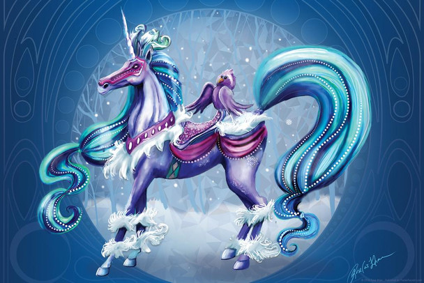 Winter Blue Carousel Horse Unicorn with Owl Friend by Rose Khan Cool Huge Large Giant Poster Art 36x54