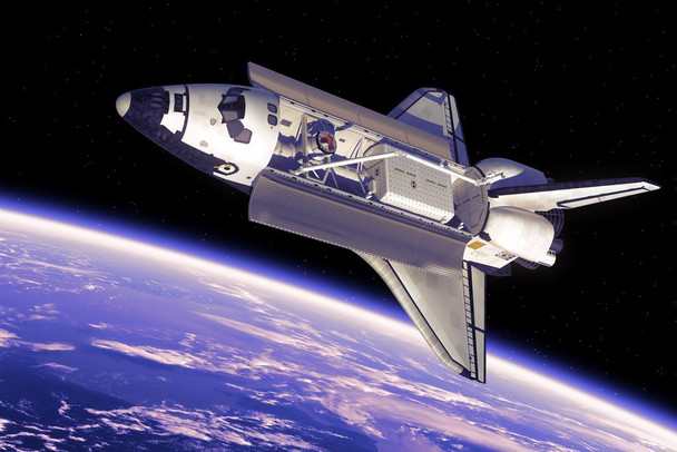 Laminated Space Shuttle In Space Orbiting Earth Bay Doors Open Rendering Photo Poster Dry Erase Sign 36x24