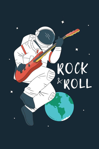 Laminated Astronaut Playing Rock and Roll on Guitar In Outer Space Art Print Poster Dry Erase Wall Art 24x36