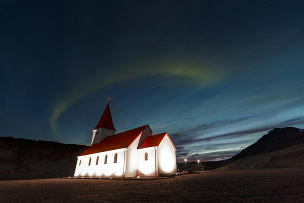 Laminated Aurora Borealis Above Rural Church with Red Roof in Vik Iceland Photo Photograph Poster Dry Erase Wall Art 36x24