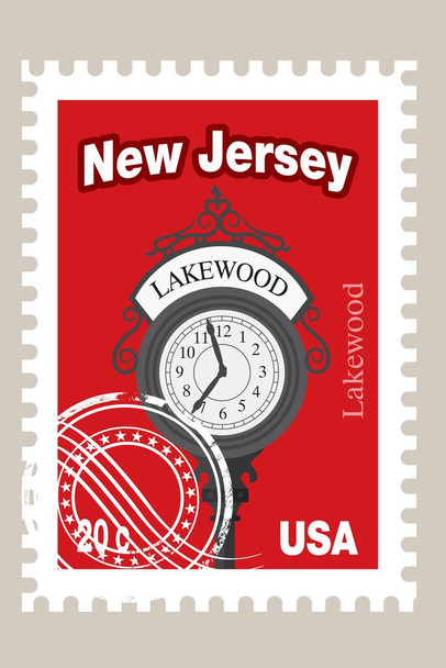 Laminated Lakewood New Jersey Clock Vintage Postage Stamp Poster Dry Erase Wall Art 24x36