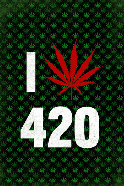 Laminated Marijuana I Love 420 Weed Pot Cannabis Joint Blunt Bong Leaf Pattern With Red Leaf Poster Dry Erase Sign 24x36