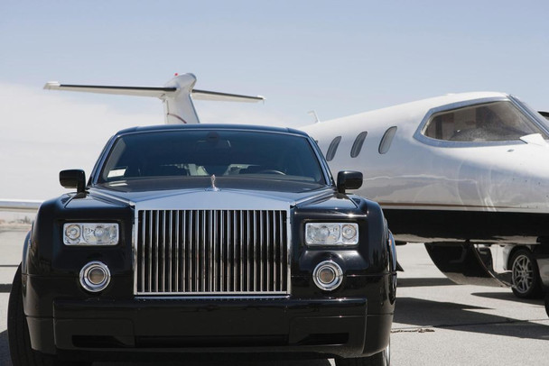 Laminated Black Limousine and Private Jet on Landing Strip Tarmac Photo Photograph Poster Dry Erase Wall Art 36x24