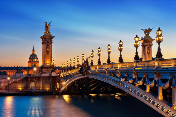 Laminated Pont Alexandre III Bridge Les Invalides at Dusk Photo Photograph Poster Dry Erase Wall Art 36x24