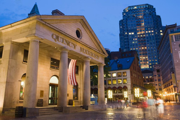 Laminated Quincy Market Boston Massachusetts in Evening Photo Photograph Poster Dry Erase Wall Art 36x24
