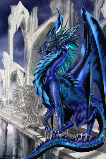 Laminated Nightfall Blue Dragon Sitting by Ruth Thompson Fantasy Poster Building Ruins Old Gothic Church Poster Dry Erase Sign 24x36