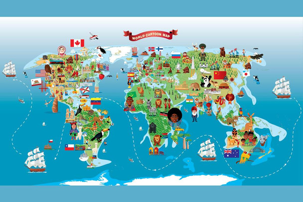 Laminated Map of the World Cartoon Style Classroom Travel World Map with Cities in Detail Map Posters for Wall Map Art Wall Decor Geographical Illustration Tourist Travel Poster Dry Erase Sign 24x36