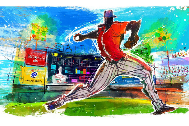 Laminated Baseball Player Throwing Ball In Stadium Illustration Art Print Poster Dry Erase Wall Art 36x24