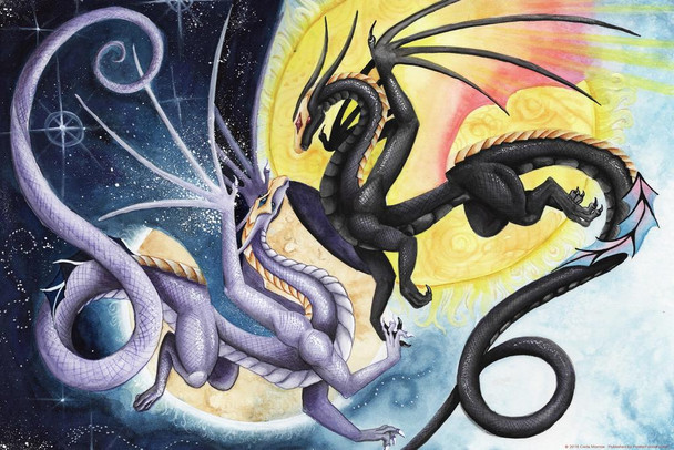 Laminated Sky Bringer Eclipse Black White Dragons by Carla Morrow Fantasy Poster Yin Yang Dragon Pair Cosmic Poster Dry Erase Wall Art 12x18