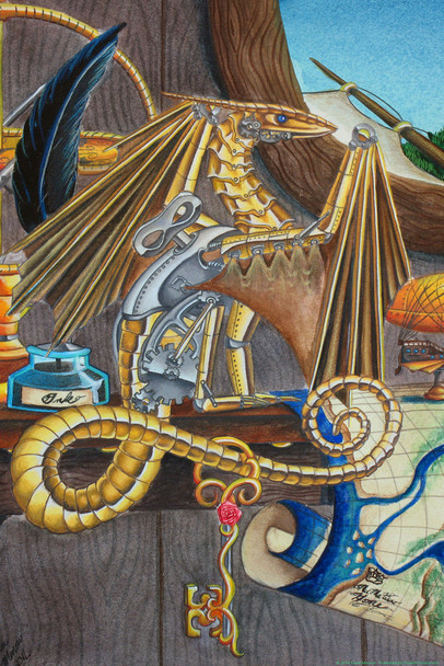 The Key by Carla Morrow Robotic Treasure Calligraphy Golden Dragon Fantasy Cool Wall Art Print Poster 12x18